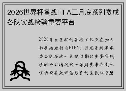 2026世界杯备战FIFA三月底系列赛成各队实战检验重要平台